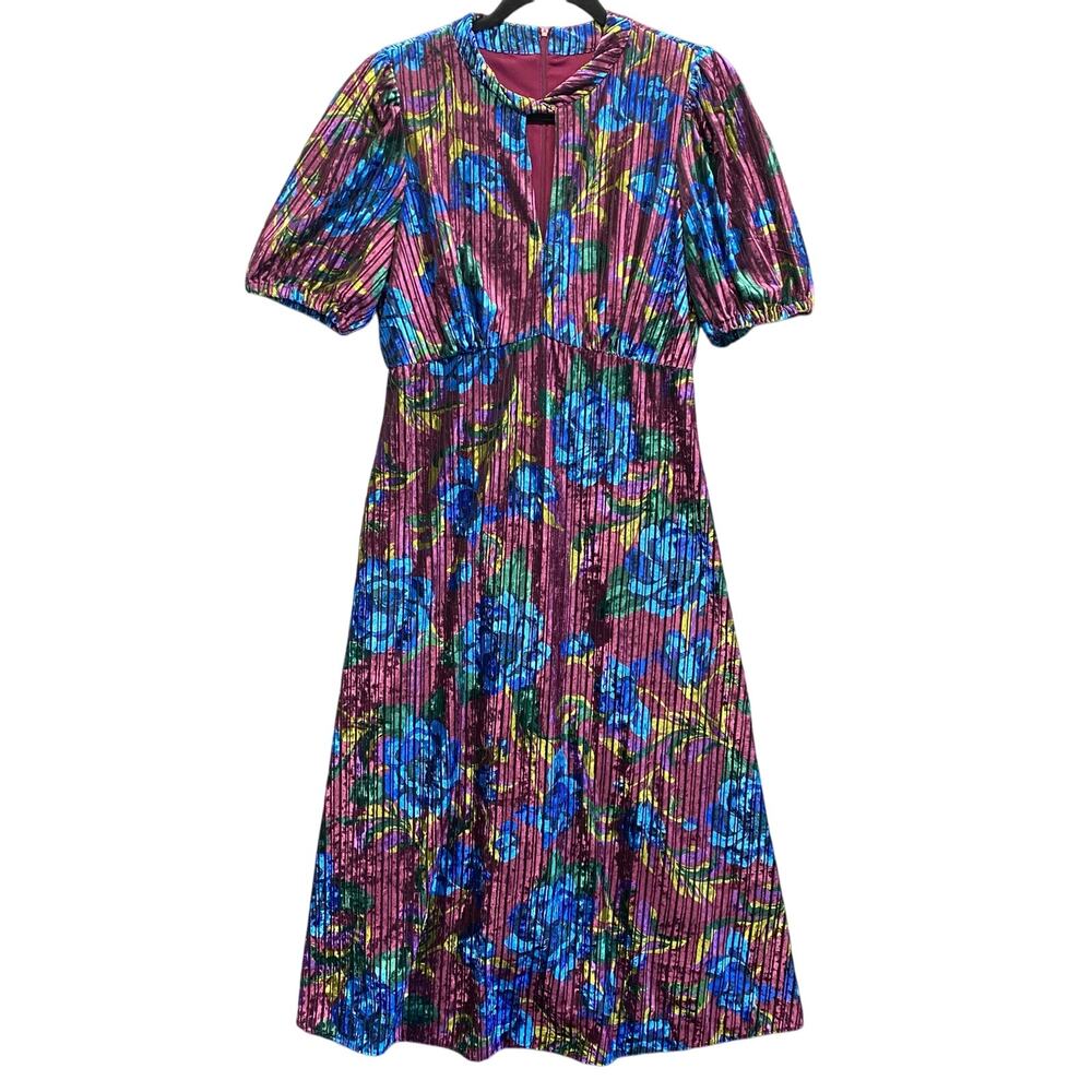 Maggy London Floral Velvet Midi Dress Womens 8 Blue Purple Short Sleeve Lined